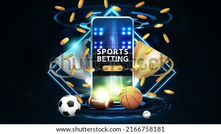 Sports betting, blue banner with smartphone, champion cups, falling gold coins and sport balls in dark scene with neon rhombus frames and hologram of digital rings