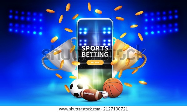 Sports betting, blue banner with\
smartphone, champion cups, falling gold coins and sport\
balls