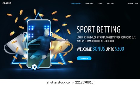 Sports betting, blue banner with soccer player inside smartphone, champion cups, falling gold coins, sport balls and neon hologram of triangle border on background