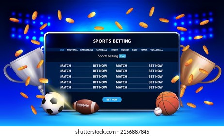 Sports betting, blue banner with tablet, champion cups, falling gold coins and sport balls