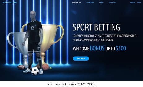 Sports betting, blue banner with vertical blue line neon lamps on background, soccer player, champion cups and sport balls
