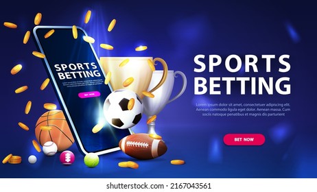 Sports betting, blue banner for website with button, smartphone, champion cups, falling gold coins and sport balls