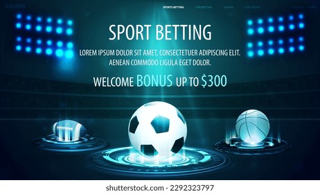 Sports betting, blue banner for website with offer and hologram of sport balls