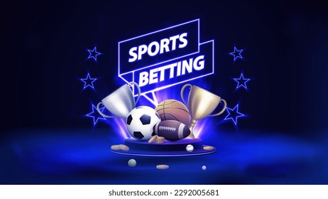 Sports betting, blue poster with neon signboard, champion cups, sport balls and falling gold coins in dark scene