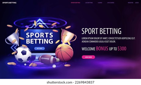 Sportwetten, blau-violetter Banner mit Monitor, Champion Cups, Sportbälle und Goldmünzen in dunkler Szene mit Neon-Rhombus-Rahmen und Hologramm digitaler Ringe