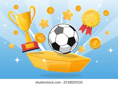  sports betting concept, gold platform with money soccer ball medal and trophy cup