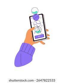 Sports betting concept. Human hand with bookmaker app at smartphone. Person is gambling online, plays chance games, wagering on matches by phone. Flat isolated vector illustration on white background