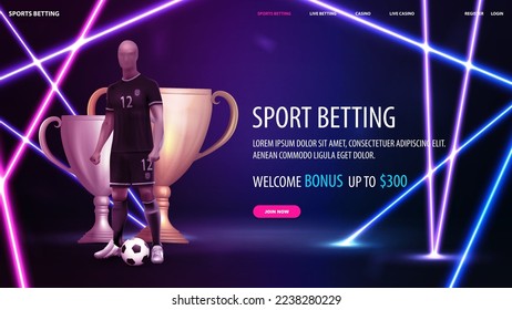 Sports betting, dark banner with soccer player and champion cups in dark scene with neon blue and pink rays around