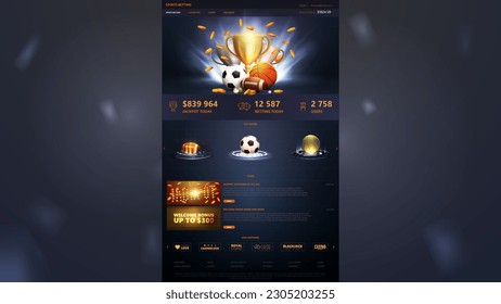 Sports betting, dark and blue template of website with web banners and sports elements