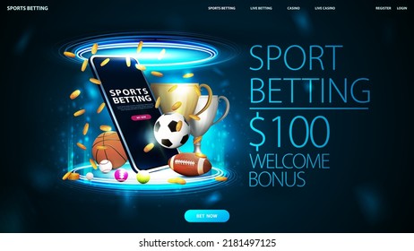 Sports betting, digital banner with smartphone, champion cups, falling gold coins and sport balls inside blue portal made of digital rings in dark empty scene