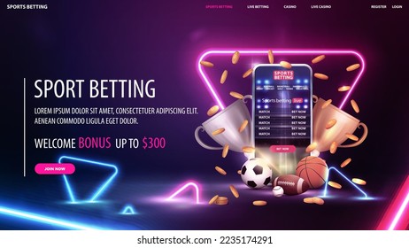Sports betting  digital banner and smartphone  champion cups  falling gold coins   sport balls dark scene and neon blue   pink triangles around