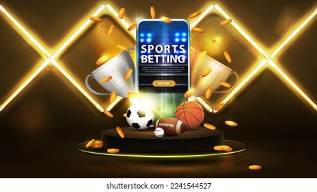 Sports betting  digital banner and smartphone  champion cups  falling gold coins  sport balls gold podium floating in the air in dark scene and wall line rhombus gold neon lamps