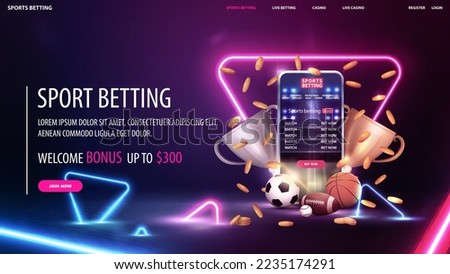 Sports betting, digital banner with smartphone, champion cups, falling gold coins and sport balls on dark scene with neon blue and pink triangles around