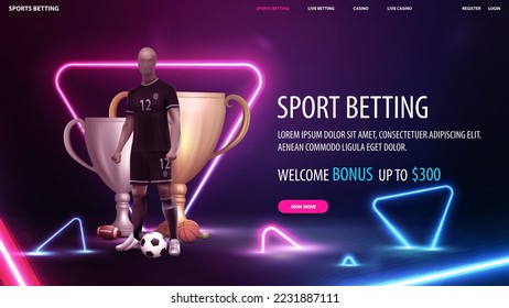 Sports betting, digital banner with soccer player, champion cups and sport balls on dark scene with neon blue and pink triangles around