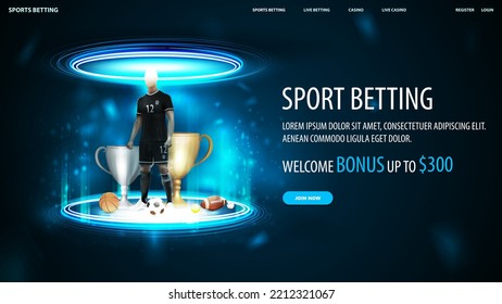 Sports betting, digital banner for website with soccer player, champion cups and sport balls inside blue portal made of digital rings in dark empty scene