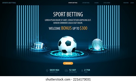 Sports betting, digital banner for website with sport balls on blue hologram digital podiums in dark empty scene