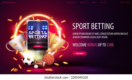 Sports betting  digital red banner and smartphone  champion cups  falling gold coins  sport balls   yellow neon ring background