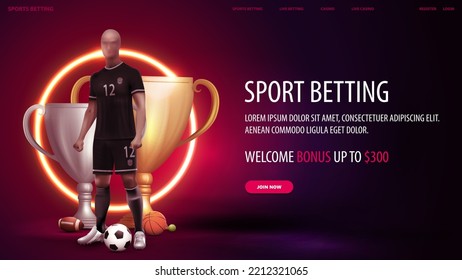 Sports betting, digital red banner with soccer player, yellow neon ring on background, champion cups and sport balls