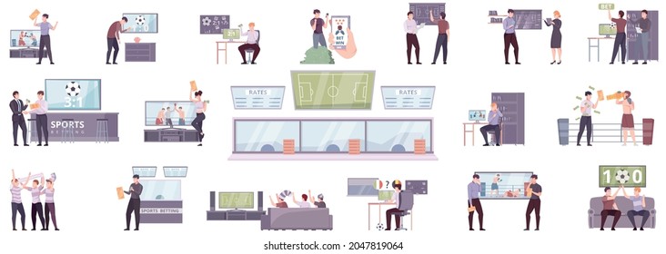 Sports betting flat set of people betting online and in bookmakers office isolated vector illustration