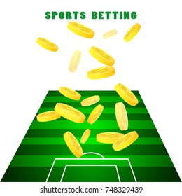 Sports betting, gold coins and a football field. Vector illustration of sport betting.