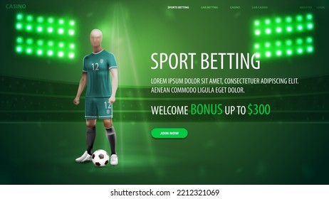 Sports betting, green banner for website with soccer player, offer and stadium on background