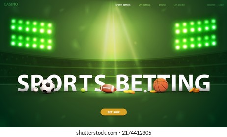 Sports betting, green poster with 3D title with sport elements and stadium on background