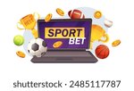 Sports betting icon. Gold cups, sports balls, laptop screen with the text bet sport. Vector composition on white background