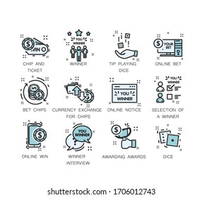 Sports betting icons. Winner Icons. Put chips, play dice, place bets online. Symbols of the victory of people and sports betting