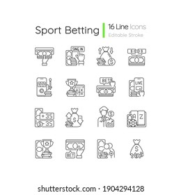 Sports betting linear icons set. Cashing out option. Financial award. Mobile casino. In-game betting. Customizable thin line contour symbols. Isolated vector outline illustrations. Editable stroke