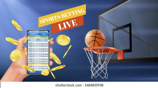 Sports Betting Mobile Application, Matches Scores Live Streaming Online Service 3d Realistic Vector Ad Banner, Poster With Basketball Ball On Hoop, Hand Holding Cellphone, Golden Coins Illustration