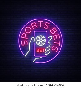 Sports Betting Is A Neon Sign. Design Template, Neon Style Logo, Bright Banner, Night Advertising For Your Projects, Smartphone In Your Hand, Online Betting On Football. Vector Illustration