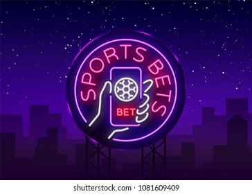 Sports Betting Is A Neon Sign. Design Template, Neon Style Logo, Bright Banner, Night Advertising For Your Projects, Smartphone In Your Hand, Online Betting On Football. Vector. Billboard