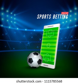 Sports betting online web banner template. smartphone with football field on screen and soccer ball and football stadium on background. Vector illustration