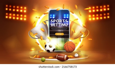 Sports betting  orange banner and smartphone  champion cups  falling gold coins   sport balls gold podium and yellow neon ring background