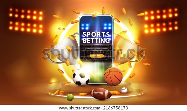Sports betting, orange banner with smartphone,\
champion cups, falling gold coins and sport balls on gold podium\
with yellow neon ring on\
background