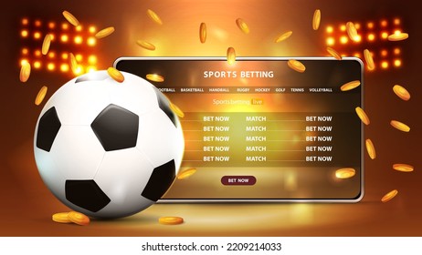 Sports betting, orange banner for website with tablet and football ball on background with stadium arena with spotlights