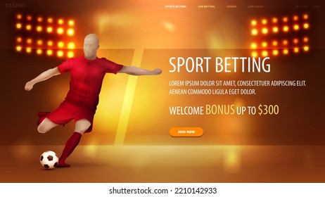 Sports betting, orange banner for website with soccer player on background with stadium arena with spotlights