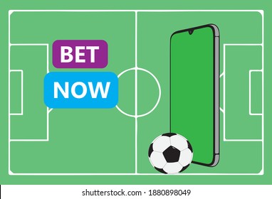 Sports betting promotion banner design. Football field, soccer ball, smartphone with green screen or copy space and inscription " Bet Now ". Betting online concept vector illustration. Sport bets.