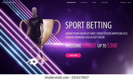 Sports betting, purple banner with diagonal pink and blue line neon lamps, soccer player and champion cup