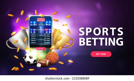 Sports betting  purple banner and smartphone  champion cups  falling gold coins  sport balls   button