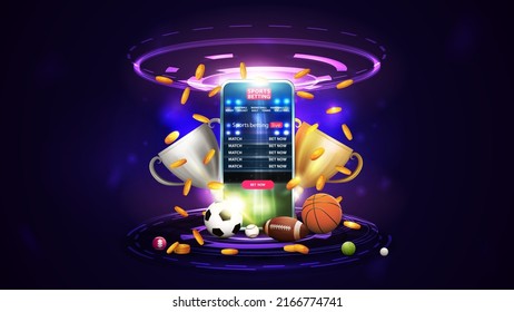 Sports betting  purple banner and smartphone  champion cups  falling gold coins  sport balls   hologram digital rings in dark empty scene
