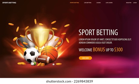 Sports betting  red web banner and offer  champion cups  sport balls   falling gold coins in red scene