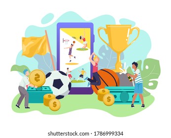 Sports betting, soccers, live game broadcast on smartphone app and tiny people celebrating money win after making bets online at bookmakers website. Betting sport like football match online.