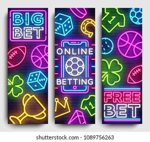 Sports betting vertical banner vector design template. Neon Signs, Light Banner, Bright Night Neon Advertising Bets, Gambling, Casinos. Vector illustration Sports betting vertical banner vector design template. Neon Signs, Light Banner, Bright Night Neon Advertising Bets, Gambling, Casinos. Vector illustration