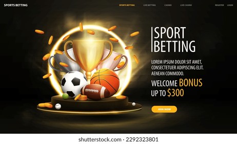 Sports betting  web banner and sport balls  cups   falling gold coins in black scene  dark banner and sport elements