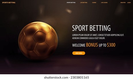 Sports betting, web banner for website with offer and gold soccer ball on blurred background