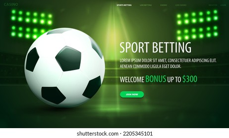 Sports betting, welcome bonus, green banner with sport football ball on stadium with spotlight