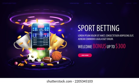 Sports betting, welcome bonus, purple web banner with smartphone, champion cups, falling gold coins, sport balls and hologram of digital rings in dark empty scene