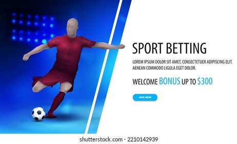 Sports Betting, White And Blue Banner With Soccer Player On Background With Stadium Arena With Spotlights