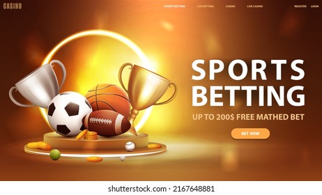 Sports betting, yellow banner for website with button, podium with yellow neon ring on background, champion cups and sport balls on podium - Shutterstock ID 2167648881